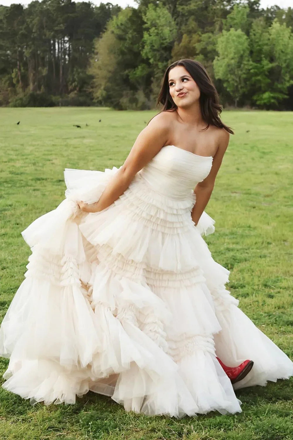 Chic Strapless Periwinkle Tulle Tiered Ruffle Formal Dress