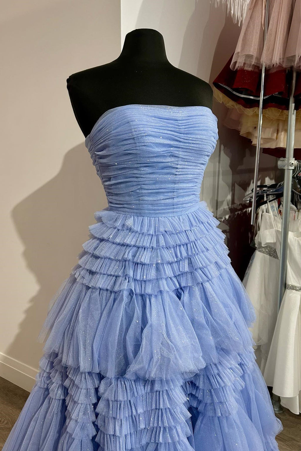 Chic Strapless Periwinkle Tulle Tiered Ruffle Formal Dress