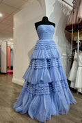 Chic Strapless Periwinkle Tulle Tiered Ruffle Formal Dress