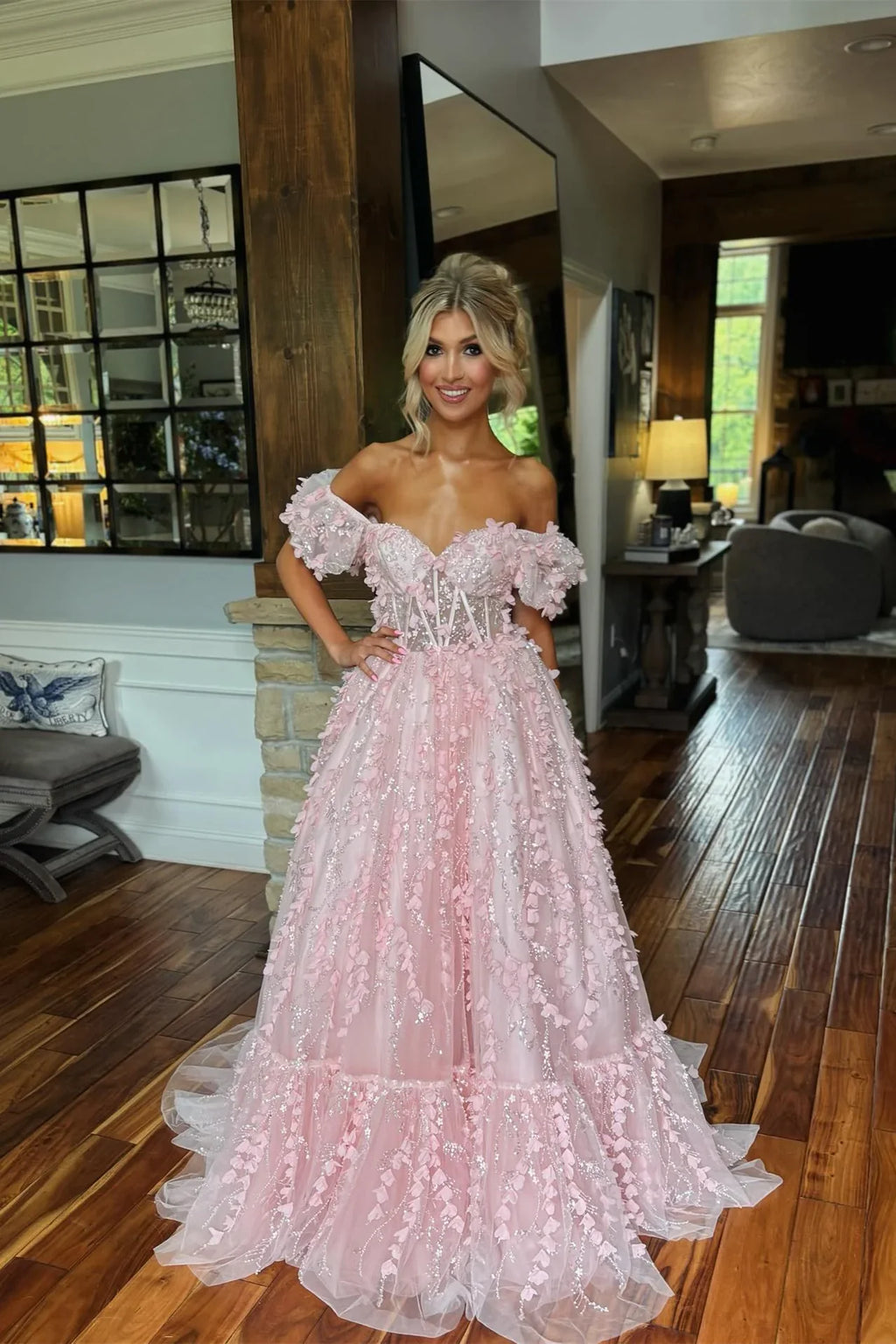 Charmantes Langarmkleid mit Puffärmeln und 3D-Blumenmuster in A-Linie