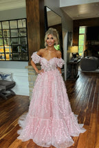 Charmantes Langarmkleid mit Puffärmeln und 3D-Blumenmuster in A-Linie