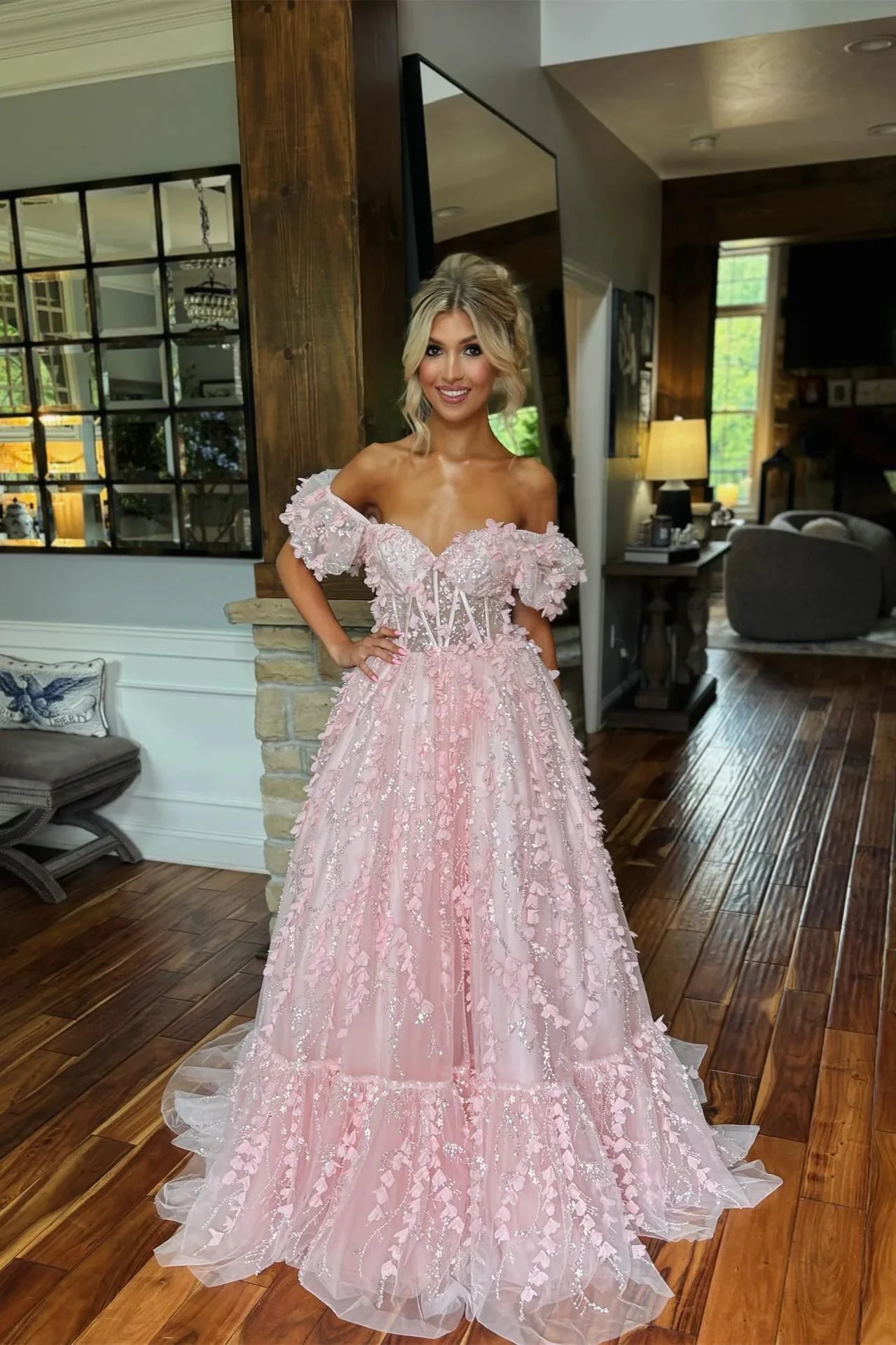 Charmantes Langarmkleid mit Puffärmeln und 3D-Blumenmuster in A-Linie