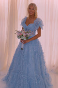 Charmantes Langarmkleid mit Puffärmeln und 3D-Blumenmuster in A-Linie