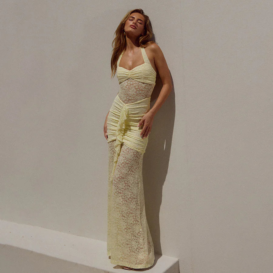 Elegantes, rückenfreies, figurbetontes Neckholder-Abendkleid aus Spitze