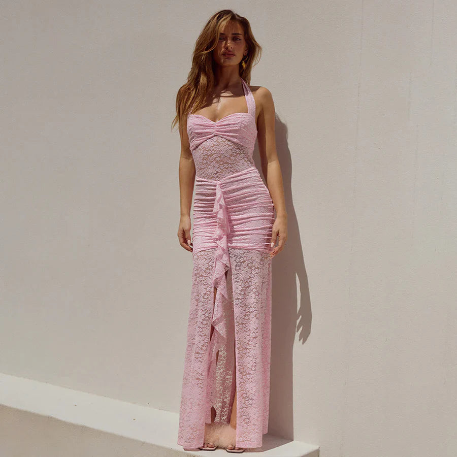 Elegantes, rückenfreies, figurbetontes Neckholder-Abendkleid aus Spitze