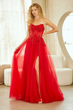 Chic Applique Strapless Slit Backless Gown Prom Dress