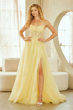 Chic Applique Strapless Slit Backless Gown Prom Dress