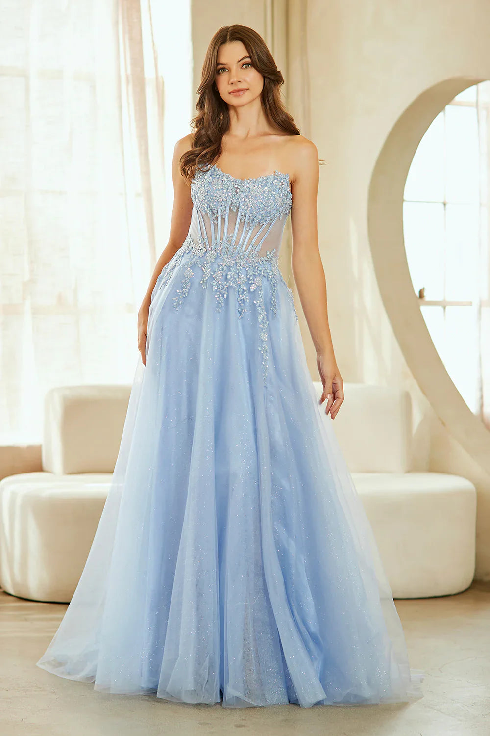 Chic Applique Strapless Slit Backless Gown Prom Dress