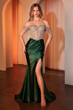 Sexy Beaded Off Shoulder Satin Slit Gown Ruched Split Prom Dress