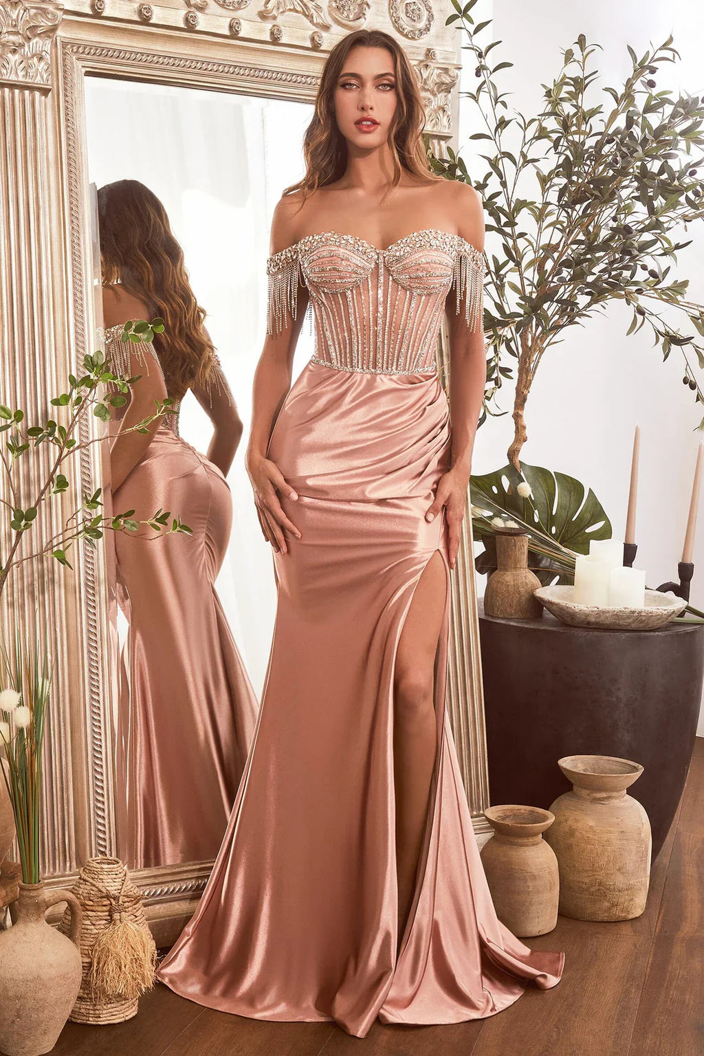 Sexy Beaded Off Shoulder Satin Slit Gown Ruched Split Prom Dress