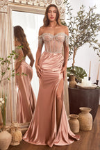 Sexy Beaded Off Shoulder Satin Slit Gown Ruched Split Prom Dress