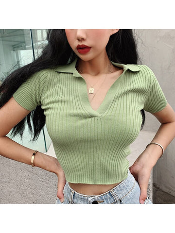 Crop Top Damenhemden Sommer Kurzarm T-Shirt Damen Vintage Kleidung Geripptes Solid Slim Stricktop Cropped Tees 