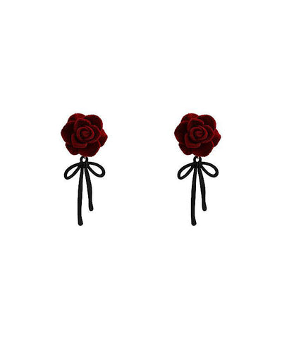 Boho Red Copper Alloy Rose Bow Flocking Stud Earrings