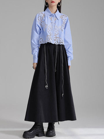 Lange Ärmel Lose Geknöpft Hohl Einfarbig Revers Blusen &amp; Hemden Tops 