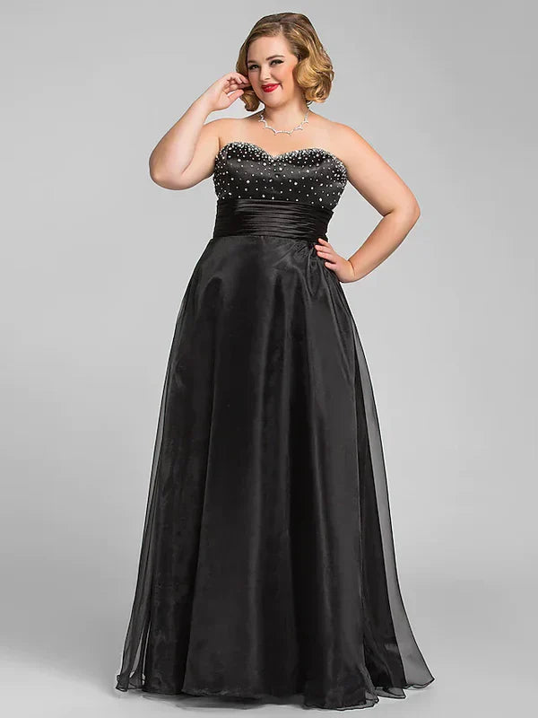 Elegante vestido de noche acampanado sin mangas con escote corazón de organza plisado con cuentas