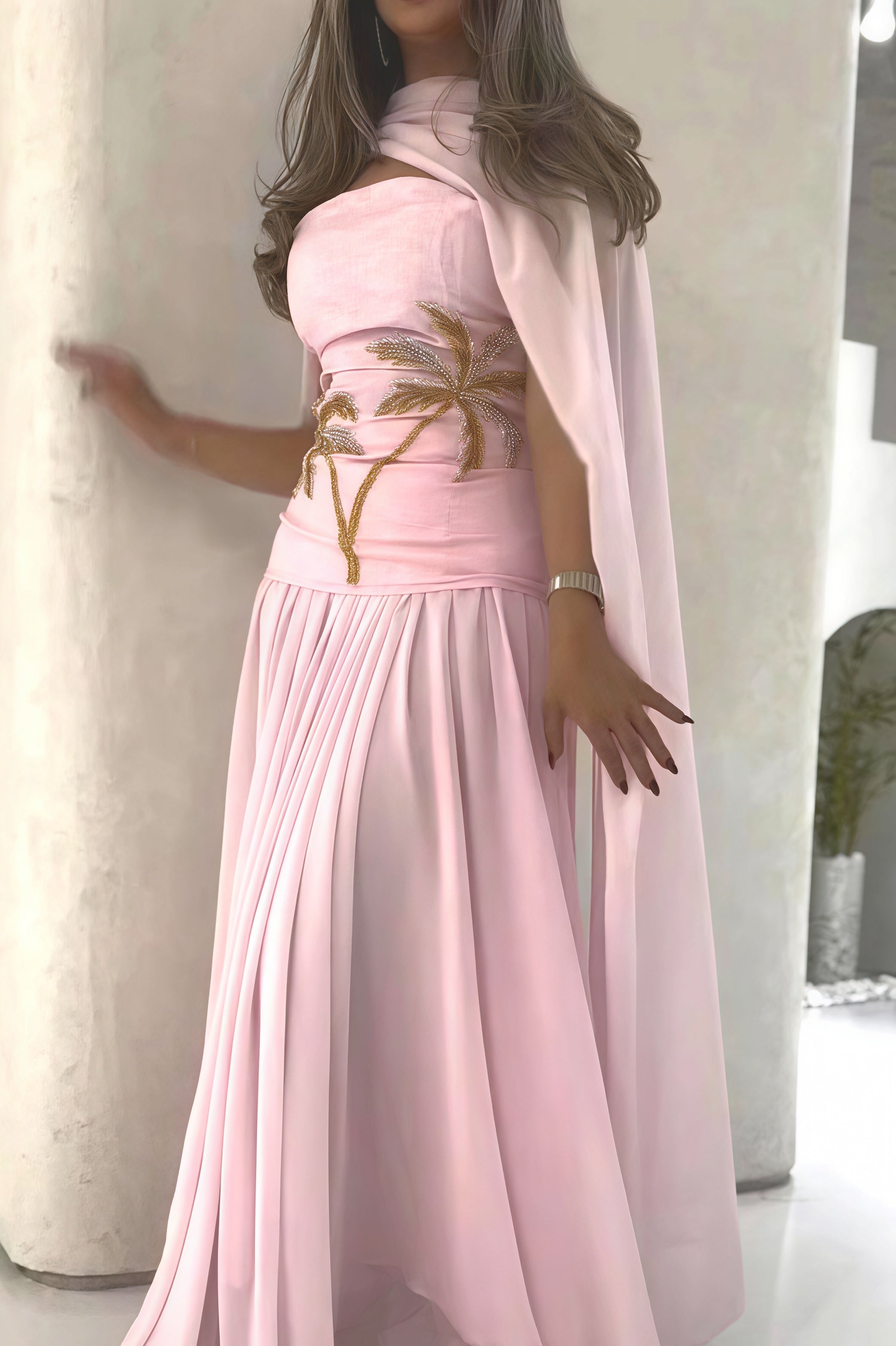 Elegant Chiffon Cape Beaded Maxi Dress