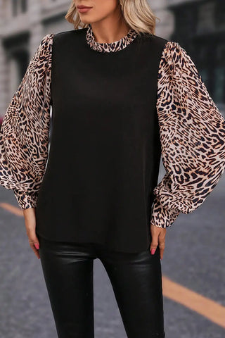 graceful black leopard lantern sleeve blouse