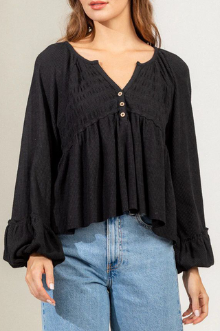 Blusa informal de cuello en V con botones y fruncido de color liso para uso diario (5 colores) 