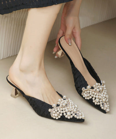 Sandalias elegantes de tacón alto con tiras azules y punta puntiaguda con cuentas 