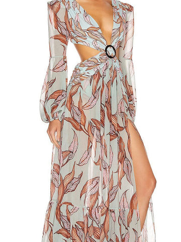 Asymmetrisches Bohemian-Maxikleid mit Blumendruck und Puffärmeln 