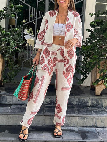 Women's Two-piece Set with Ethnic Print Cardigan Top and Elastic-waisted Trousers