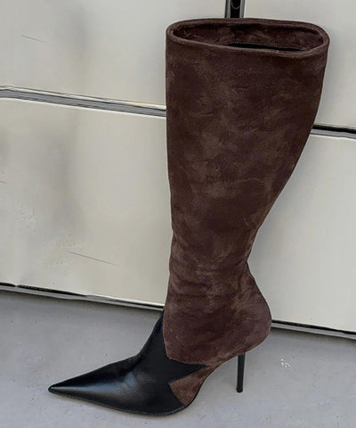 Botas marrones de tacón de aguja de ante hechas a mano con empalme de punta puntiaguda 