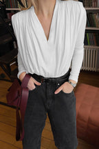 Solid White Ruched V Neck Long Sleeve Tee