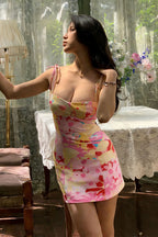 Sexy Textured Fabric Lace-up Spaghetti Strap Print Mini Dress