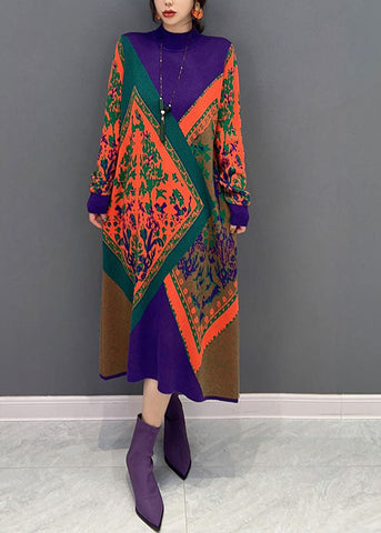 Vestido de invierno de punto con cuello alto y estampado oversize para mujer 