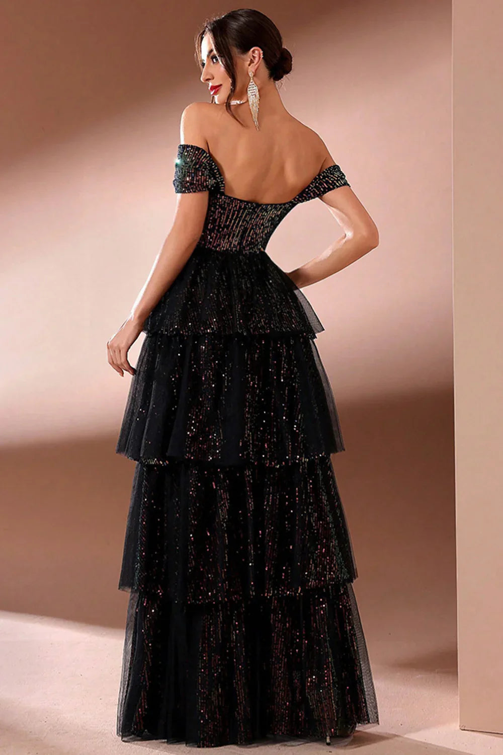 Sparkly A Line Tiered Off The Shoulder Long Prom Dress with Slit