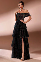 Sparkly A Line Tiered Off The Shoulder Long Prom Dress with Slit
