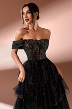 Sparkly A Line Tiered Off The Shoulder Long Prom Dress with Slit