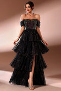 Sparkly A Line Tiered Off The Shoulder Long Prom Dress with Slit