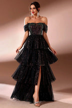Sparkly A Line Tiered Off The Shoulder Long Prom Dress with Slit