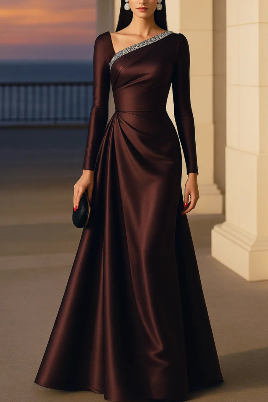 Evening Formal  Dress Asymmetrical Neck Long Sleeve Maxi Gown