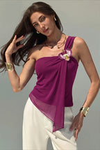 Mesh Asymmetric Floral Detail Blouse