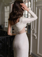 Vestidos de fiesta sexys de corte tubo/columna, con un solo hombro, mangas largas, lentejuelas y abertura alta