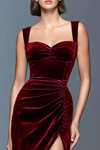 Velvet Sheath Ruched Long Holiday Party Dress with Slit