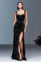 Velvet Sheath Ruched Long Holiday Party Dress with Slit