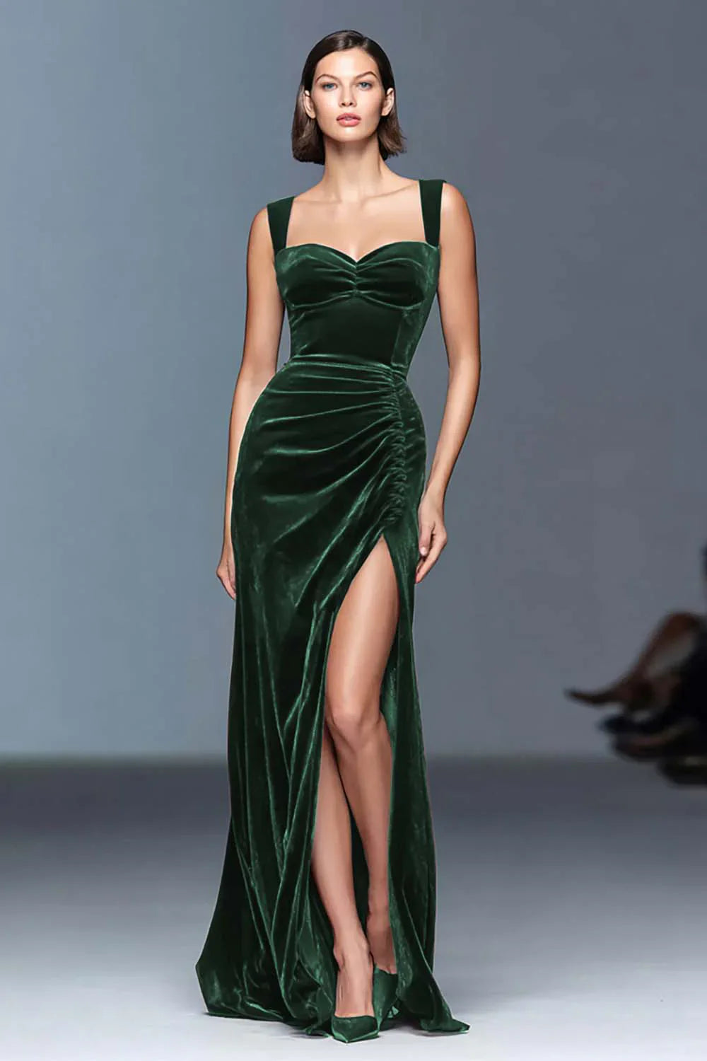 Velvet Sheath Ruched Long Holiday Party Dress with Slit