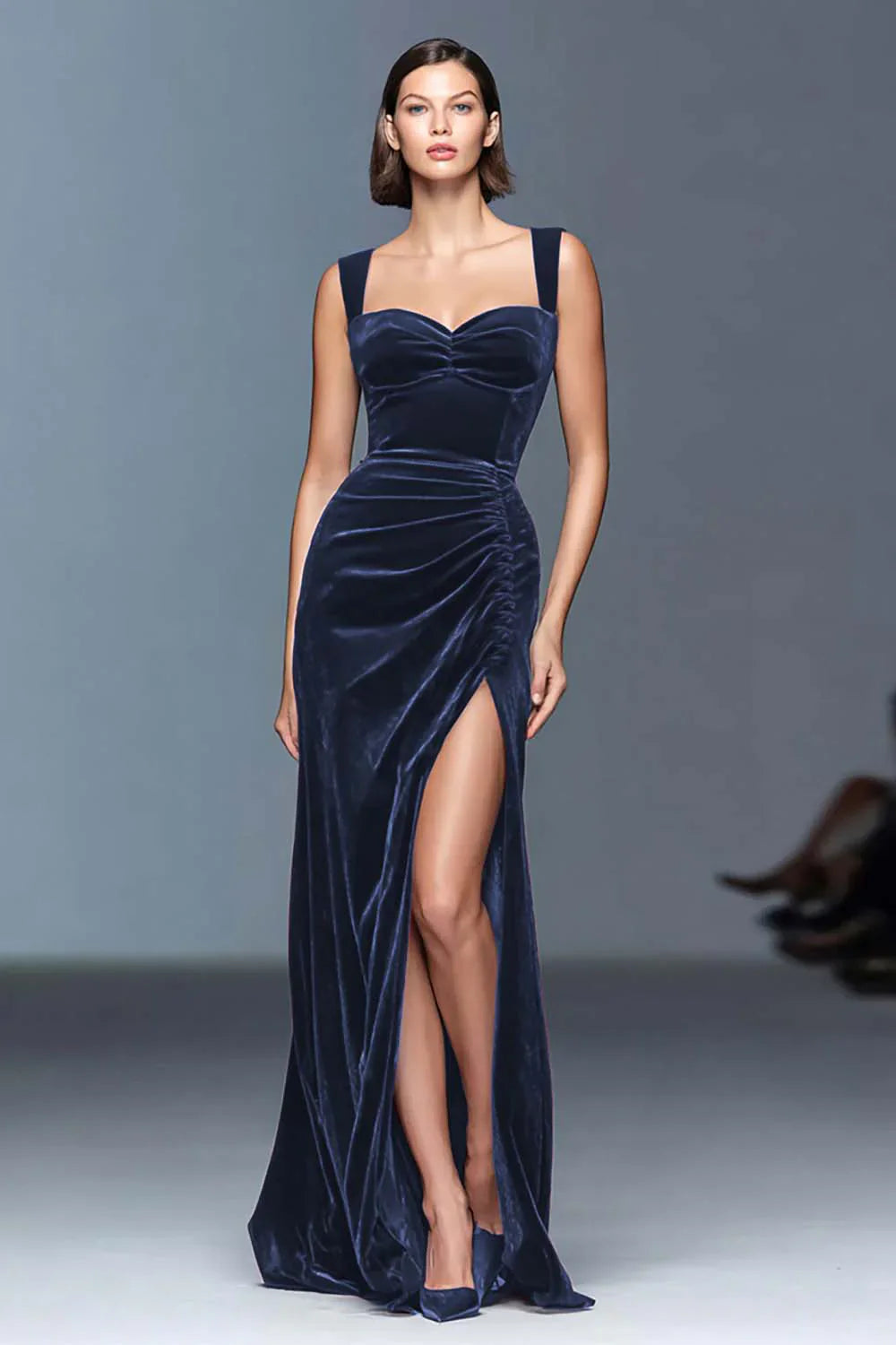 Velvet Sheath Ruched Long Holiday Party Dress with Slit