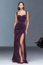 Velvet Sheath Ruched Long Holiday Party Dress with Slit