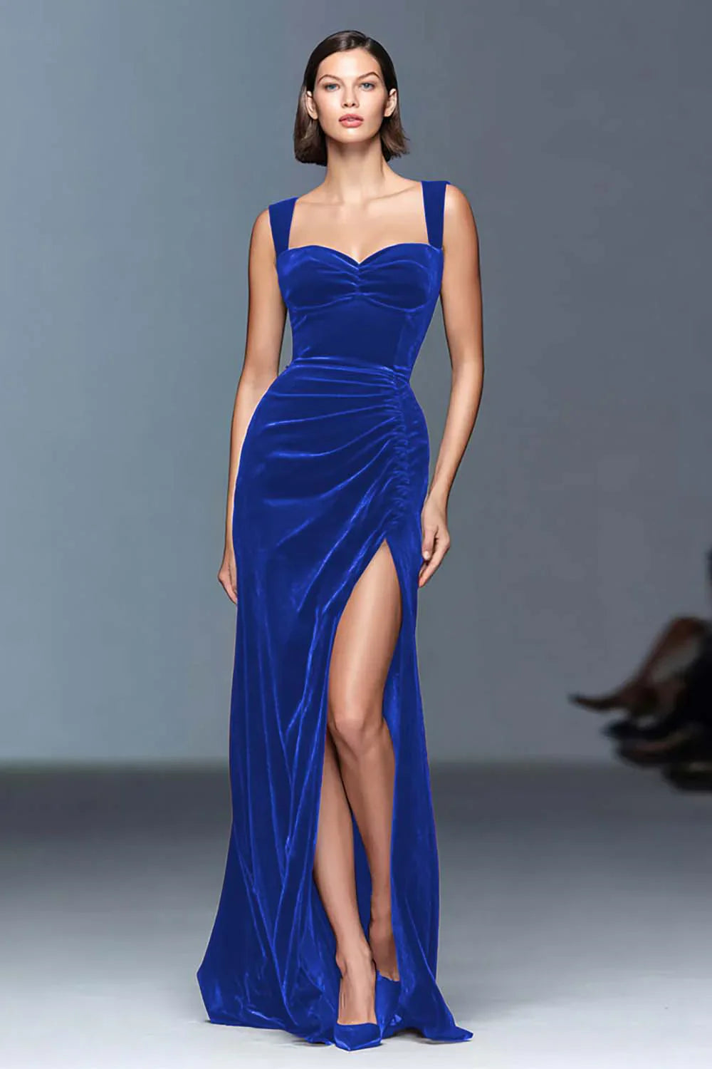 Velvet Sheath Ruched Long Holiday Party Dress with Slit