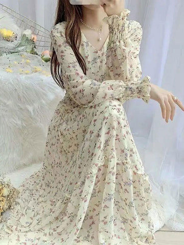 Classic Floral Ruffle Chiffon Dress-Pink