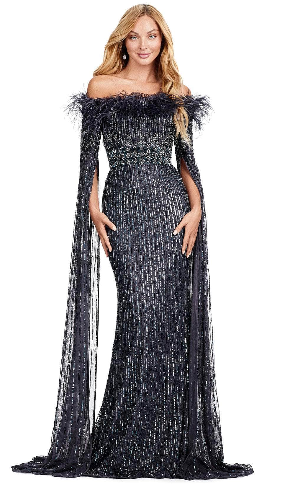 Elegant Feather Detail Off-Shoulder Evening Dress