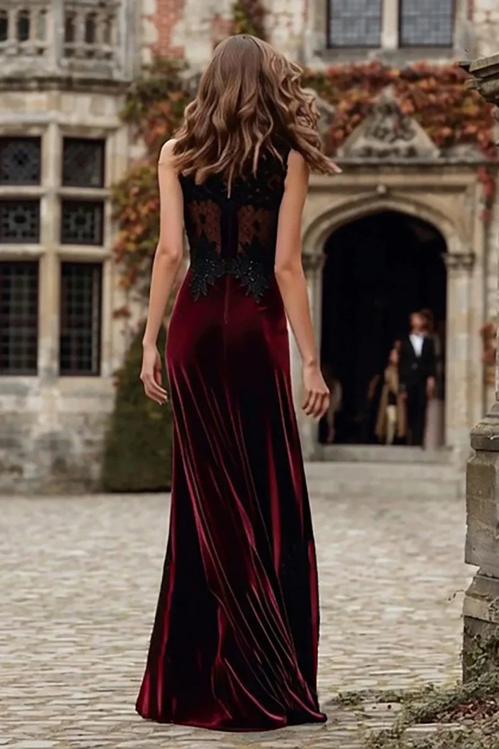 Samtenes Rundhals-Meerjungfrauenkleid für Feiertagspartys mit Spitze