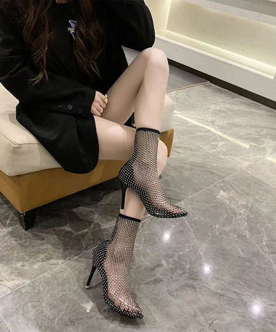 Botas de tacón de aguja con circón para mujer, negras, ahuecadas y transpirables 