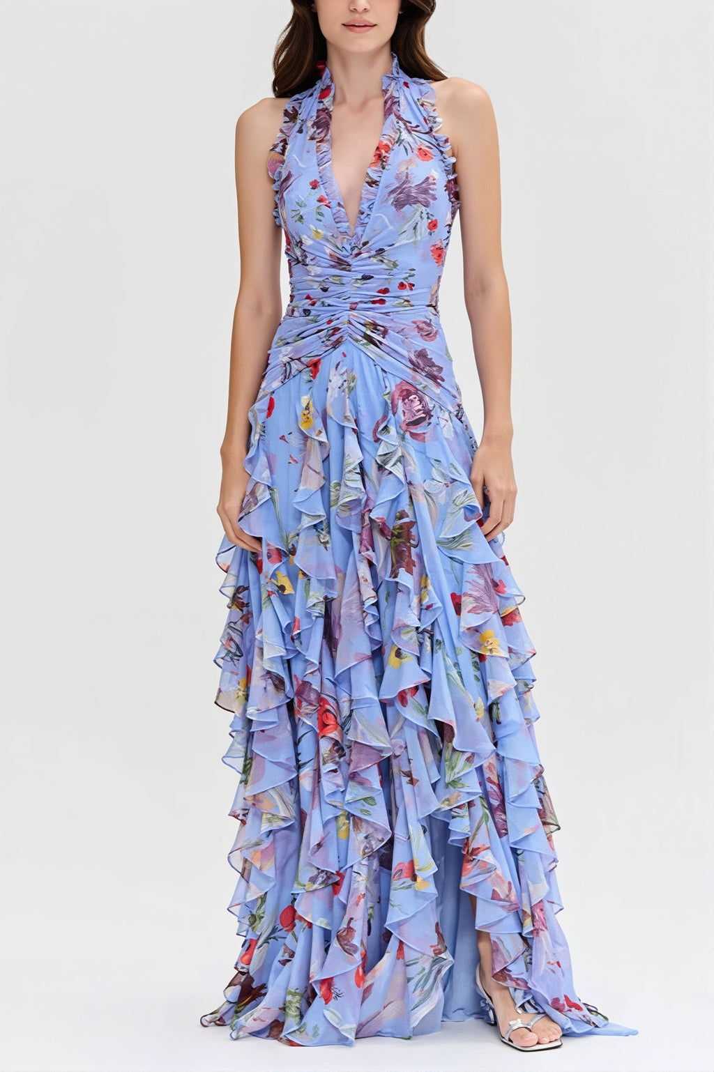 Chiffon Floral Halter Tie Tiered Maxi Dress