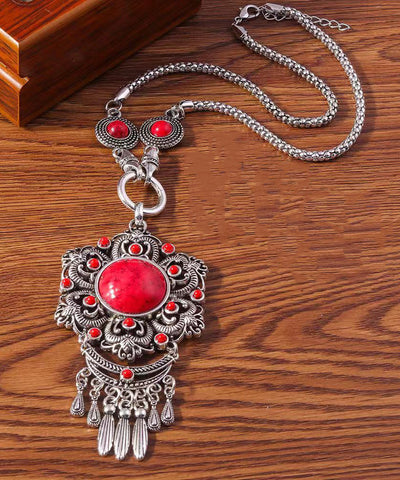 Collar vintage con colgante de borla de ágata roja en plata de ley 