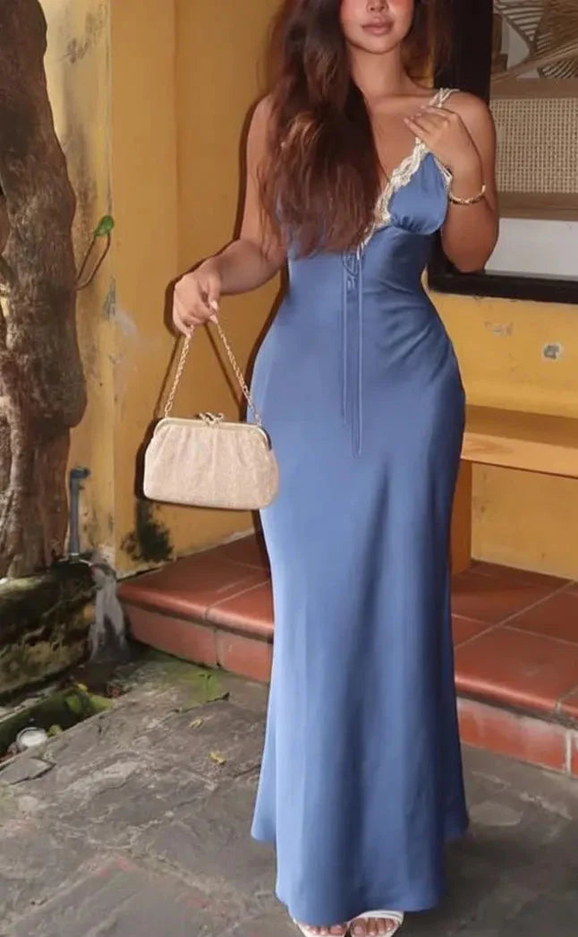 Vestido de Noche sin Mangas con Tirantes Finos, Espalda Descubierta y Largo